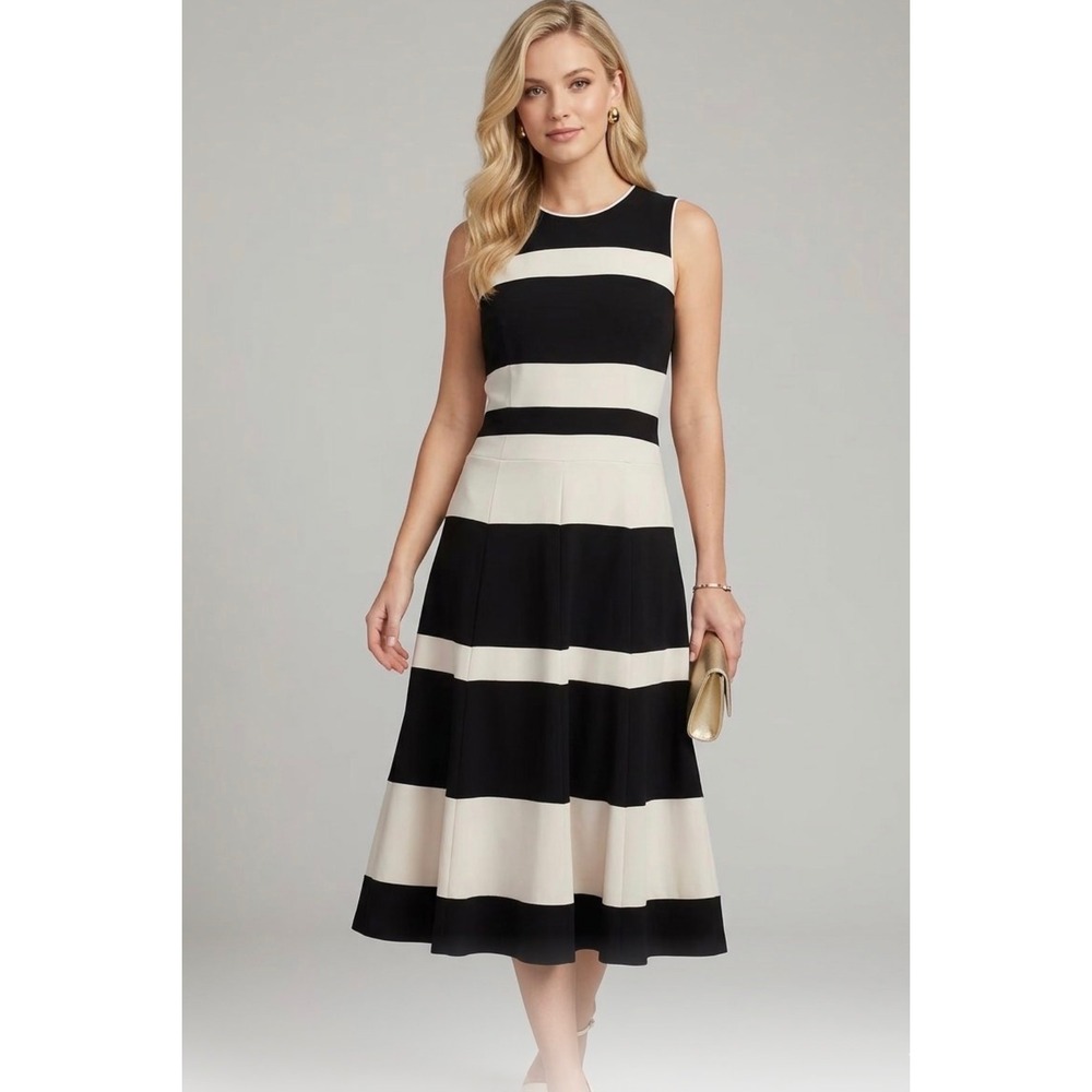 Lauren Ralph Lauren Black Cream Striped Sleeveless Midi Fit Flare Dress 2P